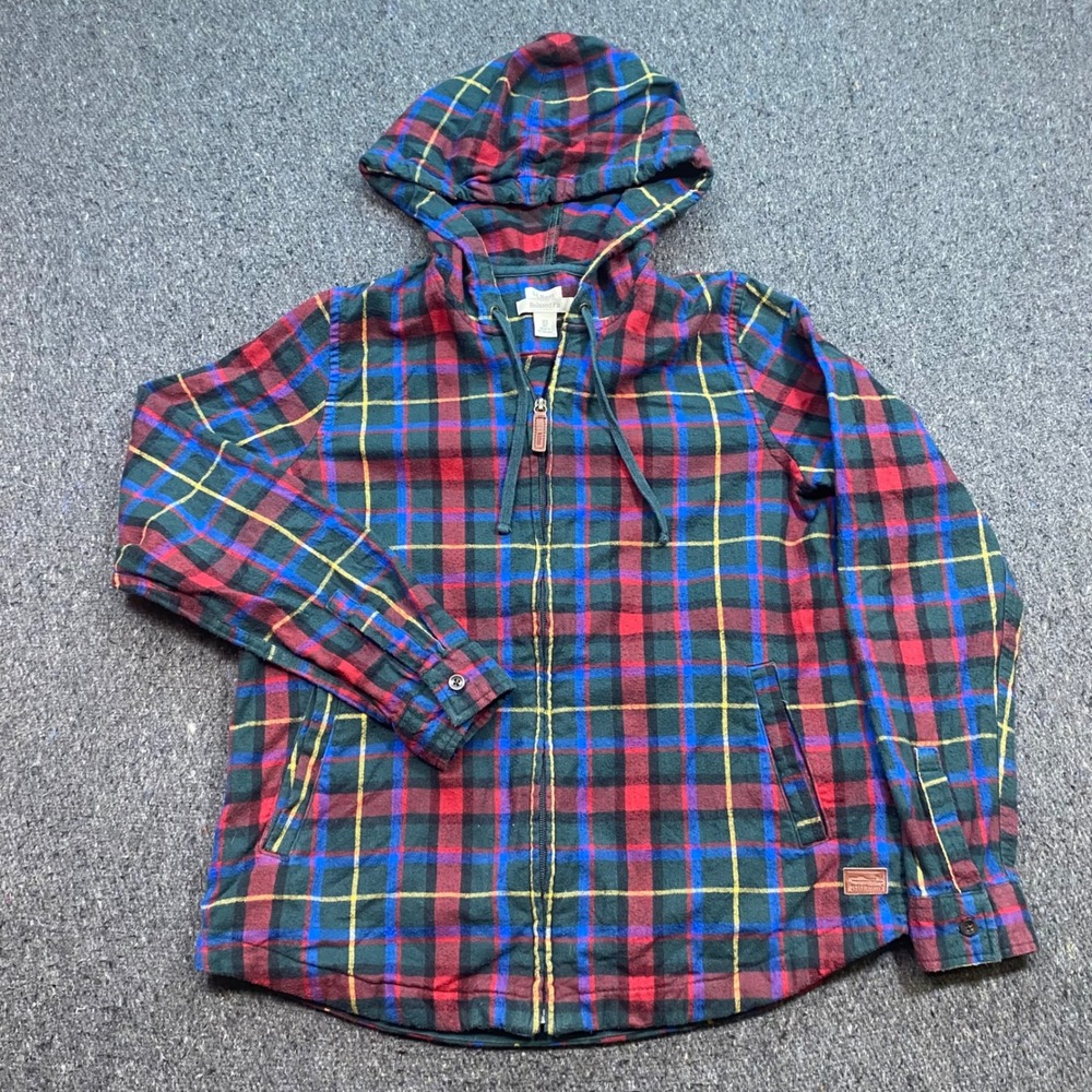 LL Bean Plaid Flannel Full Zip Hoodie Sz XS Womens Red Green Skater Gorpcore